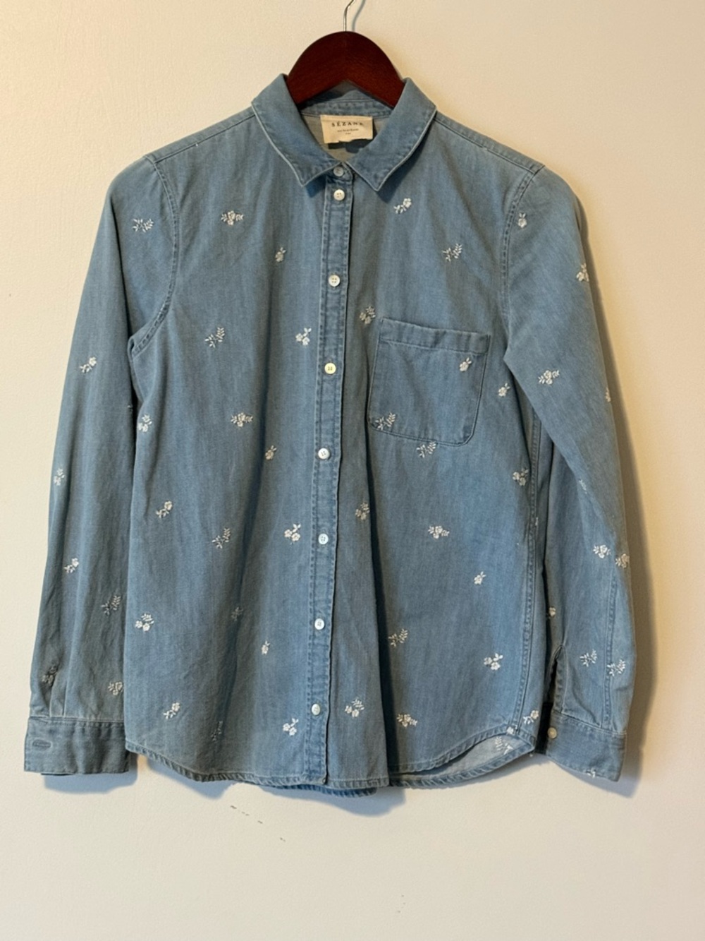 Sezane Tomboy Embroidered Denim Button-Down Shirt 32
